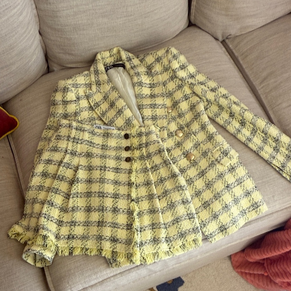 Zara Yellow Plaid Blazer and Mini Skirt